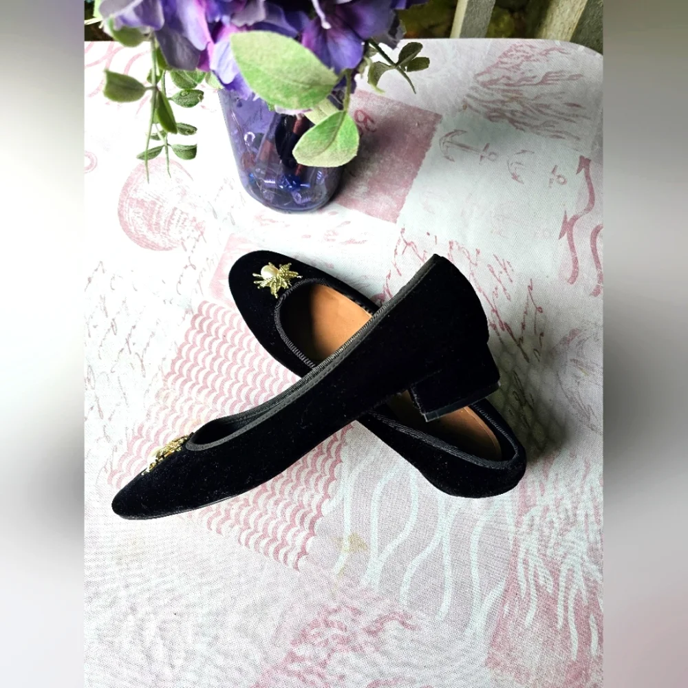 Zara Beetle Embelished Velvet Faux Pearl Ballet Flats in Black